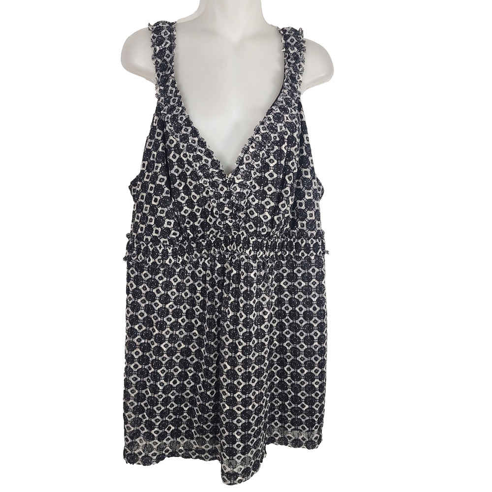 Maurices Womens Babydoll Tank Top 3X Black Geometric Ruffle Sleeveless V Neck